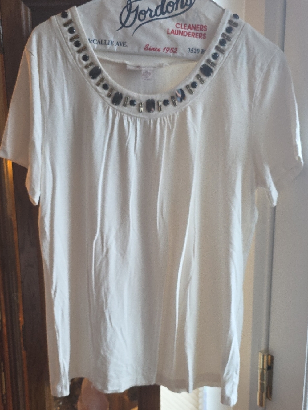 JM Collection White Short Sleeve Scoop Neck Top with Jeweled Trim